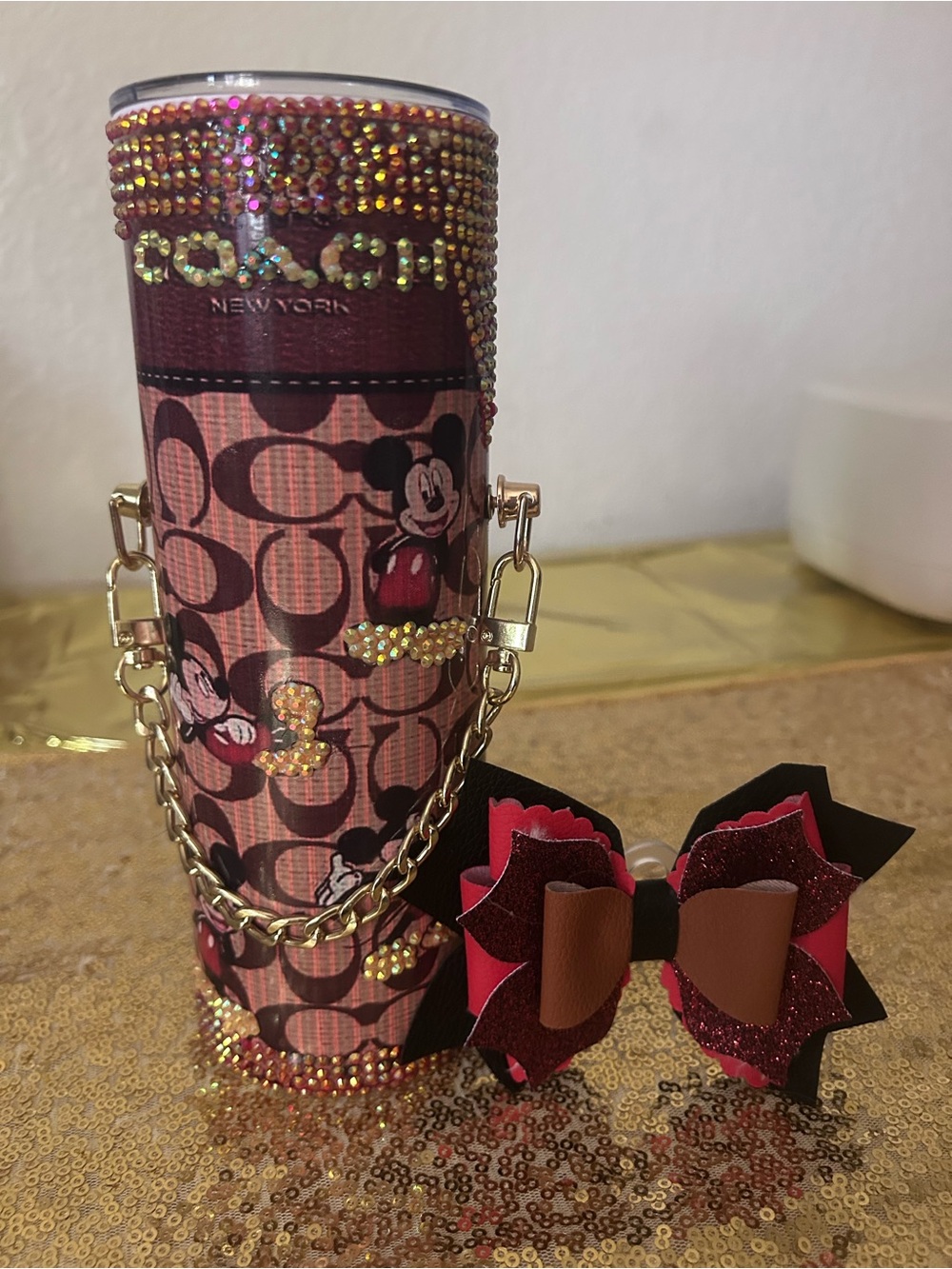 Coach Pink Logo Rhinestone Travel Tumbler with Gold Chain